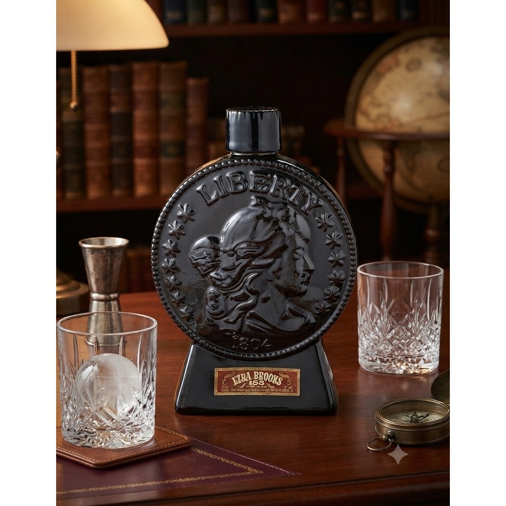 Vintage 1969 Ezra Brooks 1804 Liberty Silver Dollar Whiskey Decanter Empty H.C.